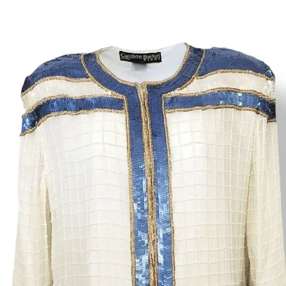 Vintage Carolyn Barton 100% Silk Beaded Evening Jacket in Ivory/Sea Blue Size M - Picture 4 of 16